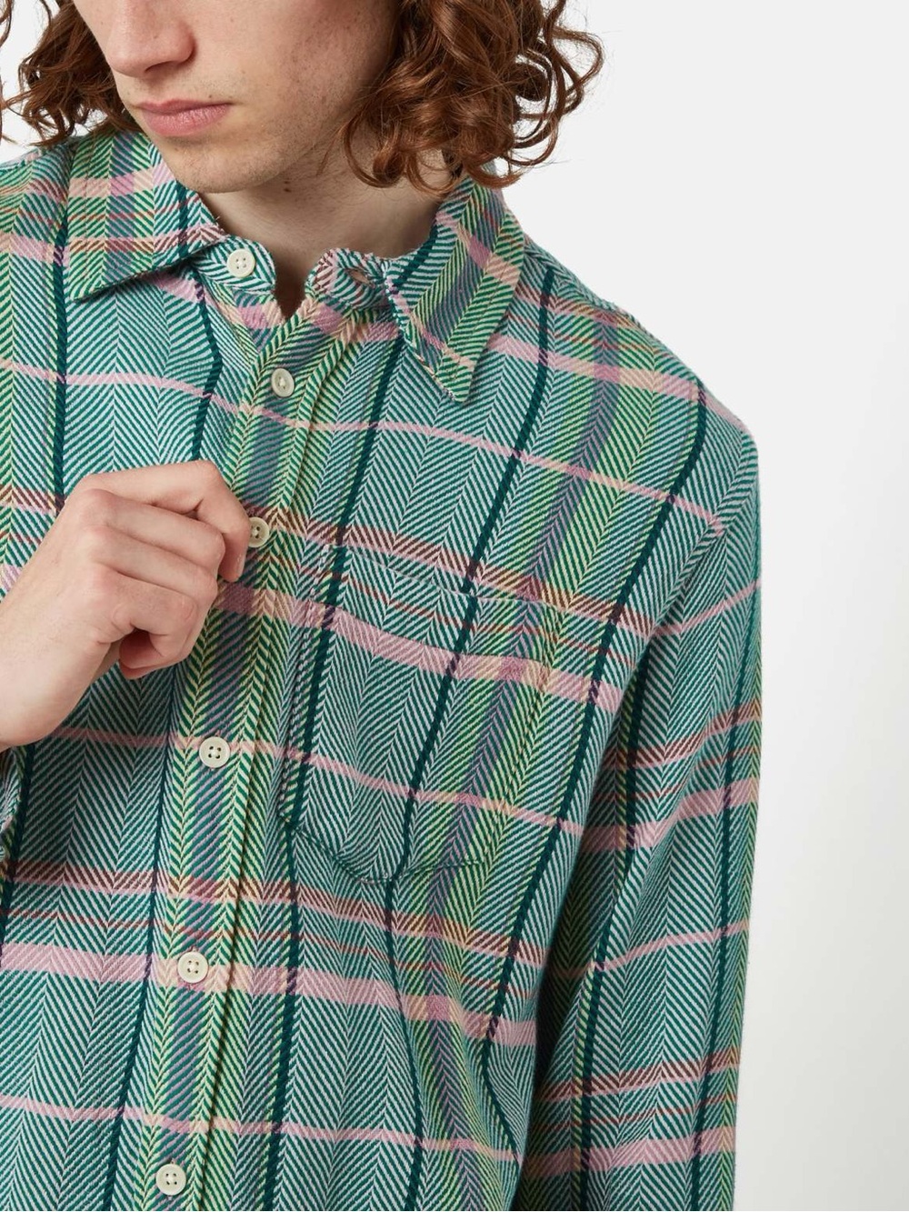 Corridor Acid Plaid Herringbone Button Down Shirt Fern Meadow Green, Medium